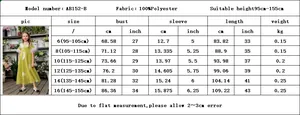 Size chart for girls princess feather dress showing bust, sleeve, and length in cm and inch