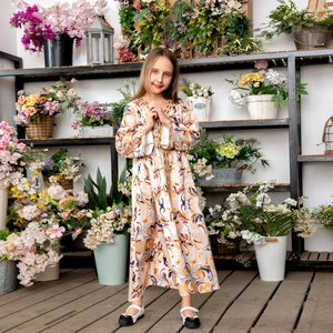Robe longue Abaya à imprimé ethnique pour filles avec garniture dorée au col