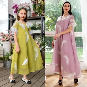 Elegant mother-daughter matching dresses with feather embroidery and soft mesh fabric