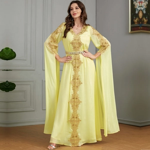 Eleganter gelber Kaftan aus Chiffon mit Goldstickerei und langen Umhang-Ärmeln