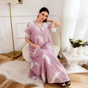 Lavender V-neck maxi dress with white feather embroidery and faux feather trim