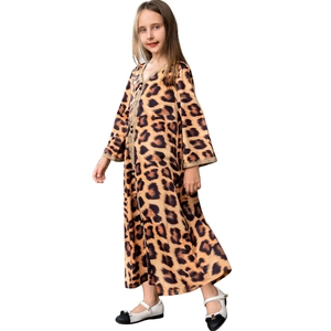 Girl's leopard print long dress with flared sleeves and golden lace trim details