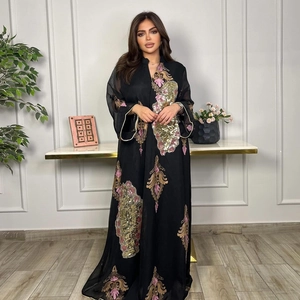 Elegantes schwarzes langes Abaya-Abendkleid mit rosa-goldenen Paillettenstickereien