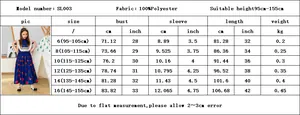 Size chart for girls embroidered summer dress with height and bust measurements