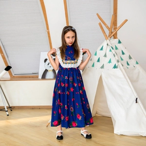Girls Vintage Ethnic Floral Maxi Dress Navy Blue Rose Print Lace Ruffle Trim Bohemian Party Dress Polyester Long Gown