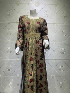 Intricate gold embroidery detail on ethnic floral mesh maxi dress with kaftan style sleeves