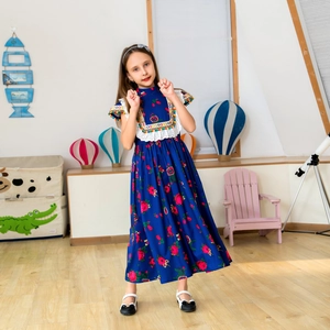 Navy blue girls long floral dress with ethnic embroidery and white lace ruffles