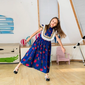 Ethnic style navy blue girl's maxi dress with red rose floral patterns and lace collar
