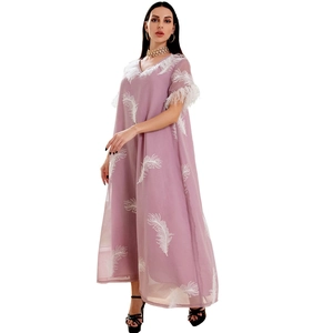 Elegant lavender V-neck caftan dress with white feather prints and trim for women