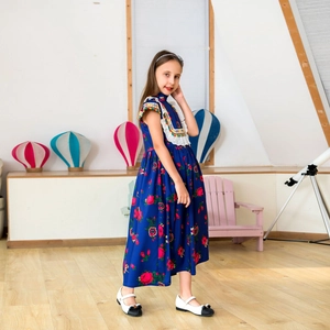 Navy floral summer dress for girls with white lace collar and bohemian embroidery