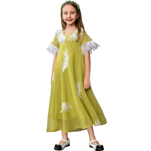 Green long dress for girls featuring white feather prints and delicate tassel trim