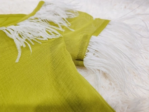 Close-up of lemon yellow mesh fabric with white feather fringe and intricate embroidery
