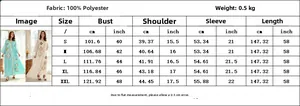 Tableau des tailles pour robe brodée à paillettes avec mesures en cm et pouces