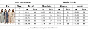 Size chart for sequin embroidered dress with detailed measurements in cm and inches
