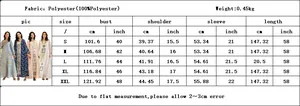 Detailed size guide for sequin embroidered dress with fabric info and measurements