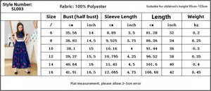 Detailed size chart for girl's summer embroidered dress from size 6 to 16 with measurements