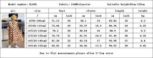 Tableau des tailles détaillé pour robe fille à fleurs avec mesures et guide de hauteur