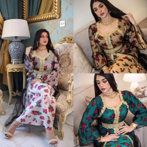 Women's Ethnic Kaftan Maxi Dress Floral Embroidered Mesh Gold Lace Belted Muslim Abaya Party Dress