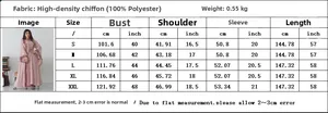 Detailed size chart for pink embroidered chiffon maxi dress showing bust and length measures