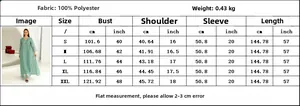 Detailed size chart for green embroidered mesh dress with measurements in cm and inches