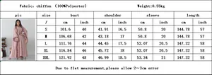 Size chart for pink chiffon embroidery dress showing bust and length in cm and inches
