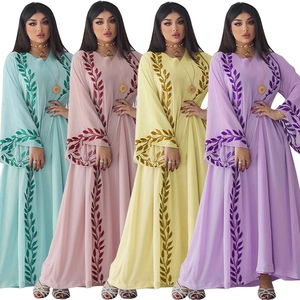 Women's Ethnic Embroidery Chiffon Maxi Dress With Headscarf Leaf Pattern Kaftan Abaya Long Sleeve Round Neck Dress For Party Wedding