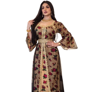 Ethnic kaftan maxi dress with floral print, black mesh overlay and gold lace trim