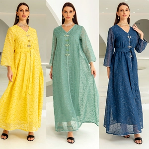 Women Ethnic Mesh Embroidery Abaya Kaftan Rhinestone Flower Buckle Geometric V-Neck Long Sleeve Maxi Dress Belted Party