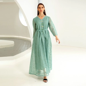Elegant lake green mesh maxi dress with silver geometric embroidery and 3D floral buttons