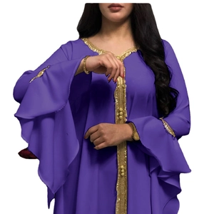 Purple Muslim kaftan dress featuring gold embroidery and layered ruffle lotus sleeves