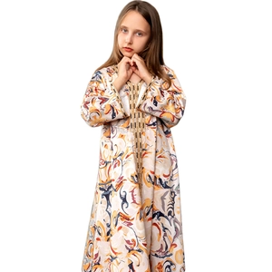 Kaftan pour filles avec imprimé floral orange et broderie de paillettes dorées