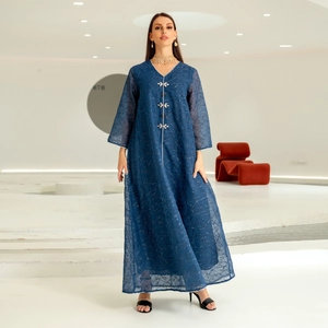 Navy blue embroidered mesh abaya dress with silver sequins and floral crystal buttons