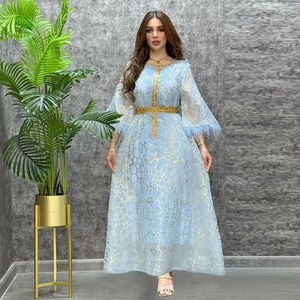 Hellblaues Maxikleid mit goldenem Gittermuster und elegantem Federbesatz