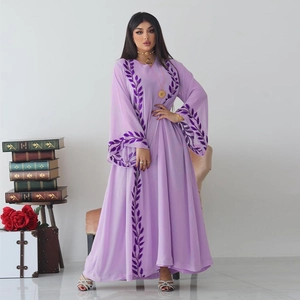 Elegant lavender chiffon embroidered kaftan maxi dress with floral vine patterns