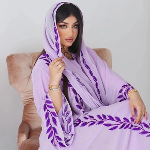 Detailed view of the purple chiffon abaya featuring premium leaf embroidery and matching hijab