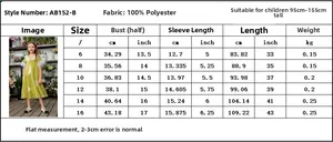 Size chart for girls yellow princess dress with measurements in cm and inches