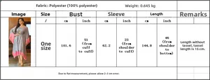 Size guide for women's tassel maxi dress showing 100% polyester fabric details