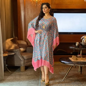 Women Bohemian Print Kaftan Maxi Dress Pink Fringe Long Sleeve V Neck Ethnic Style Beach Vacation Party Gown With Belt