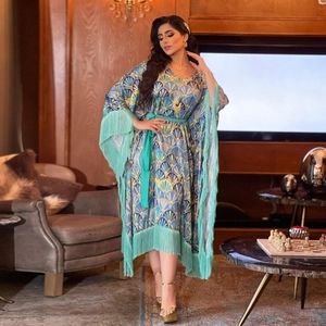 Robe Longue Kaftan Imprimé Ethnique Pour Femmes Col En V Manches Longues En Satin Avec Glands Et Ceinture Robe De Soirée Bohème