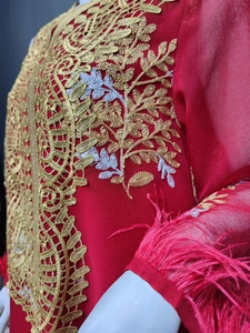Détail d'une robe de luxe rouge avec broderie dorée et poignets en plumes d'autruche