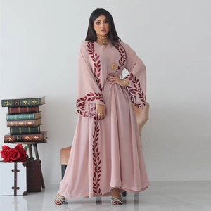 Pink chiffon embroidered abaya dress with long sleeves and matching hijab for women