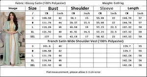 Size chart for the luxury satin three-piece dress set including S to XXL dimensions
