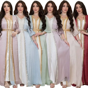 Women Elegant Satin Kaftan Dress And Inner Vest With Rhinestones Luxury Middle Eastern Abaya Ethnic Embroidery Lantern Sleeve Maxi Dress