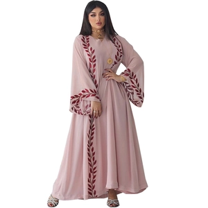 Detailed red floral embroidery on pink satin Abaya dress with elegant wide sleeves