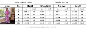 Size chart for purple floral maxi dress with measurements in centimeters and inches