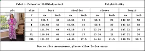Size chart for rose purple floral polyester dress in cm and inches for sizes S to XXL