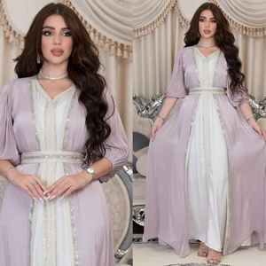 Elegant purple and white kaftan dress with luxury beadwork and satin finish