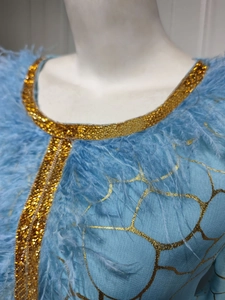 Detail eines hellblauen Abendkleides mit goldenem Rissmuster und Federbesatz am Kragen