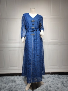Blue mesh maxi dress featuring intricate grid patterns and sparkling flower crystal beads
