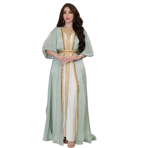 Elegant light green satin kaftan abaya set with gold sequin embroidery and lantern sleeves
